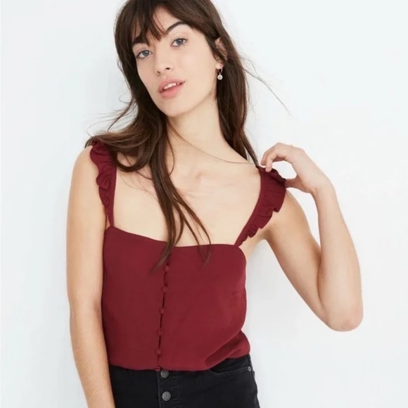 MADEWELL Ruffle-Strap Cami Burgundy Top SZ 2 - Picture 1 of 6